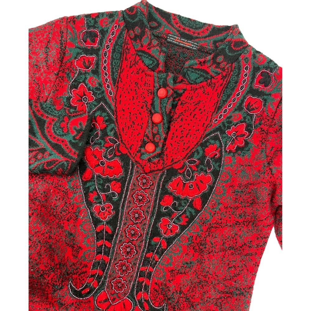 Janiya Womens Red Floral Paisley Knit Tunic Sweater Henley Longline Pockets M